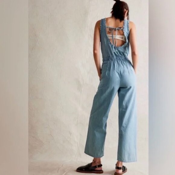 We The Free Lucille Chambray Light Denim Jumpsuit Ruffle Back Tie Size Small - Picture 8 of 13